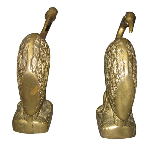 Vintage Brass Crane Bird Bookends Pair Ornate Design 7.5" Tall Elegant Decor Fun - Picture 10 of 11